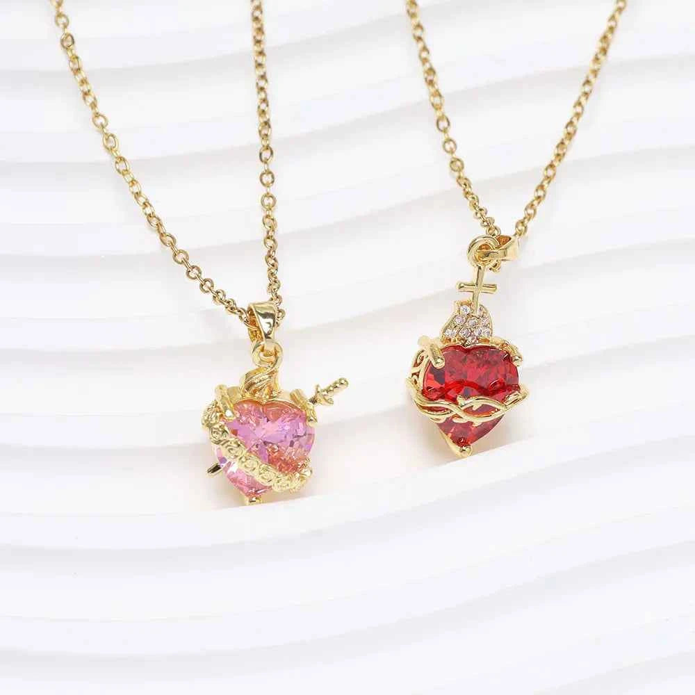 Elegant Pink Rhinestone Heart Necklace - Gothic Y2K Choker