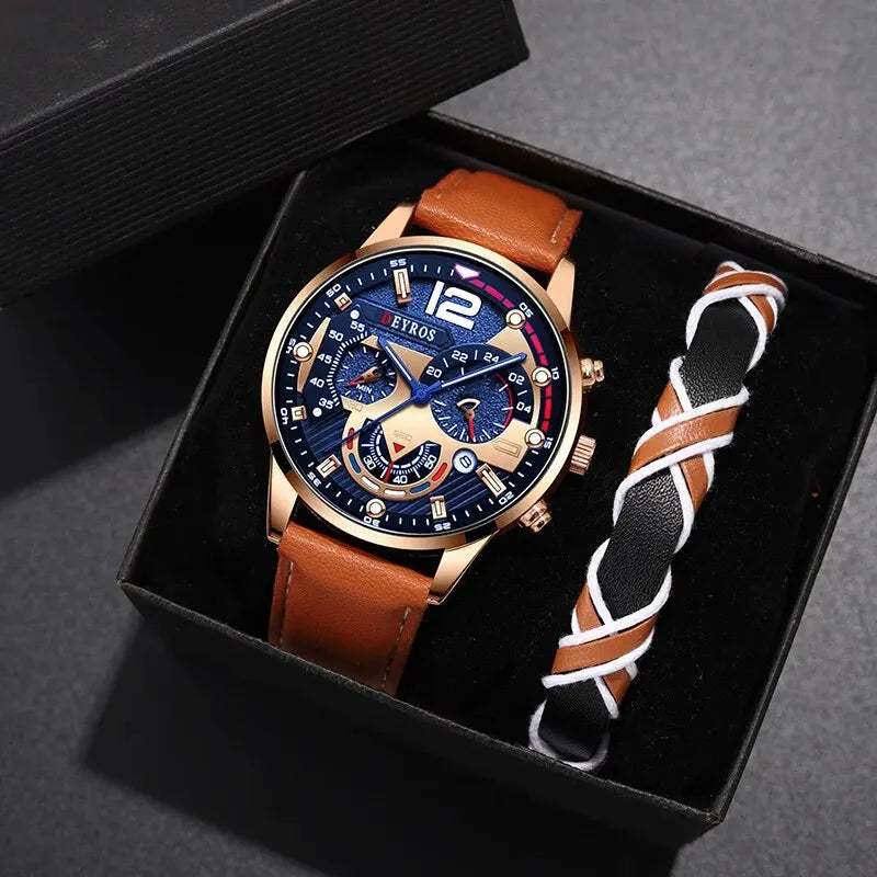 Luxury Men's Quartz Watch Set - Brown Leather Strap & Bracelet