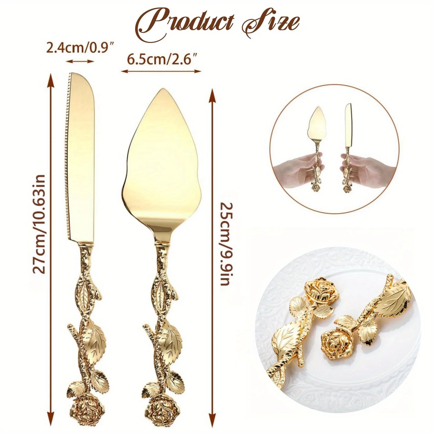 Elegant Rose Handle Luxury Cake Serving Set - 2pcs Golden