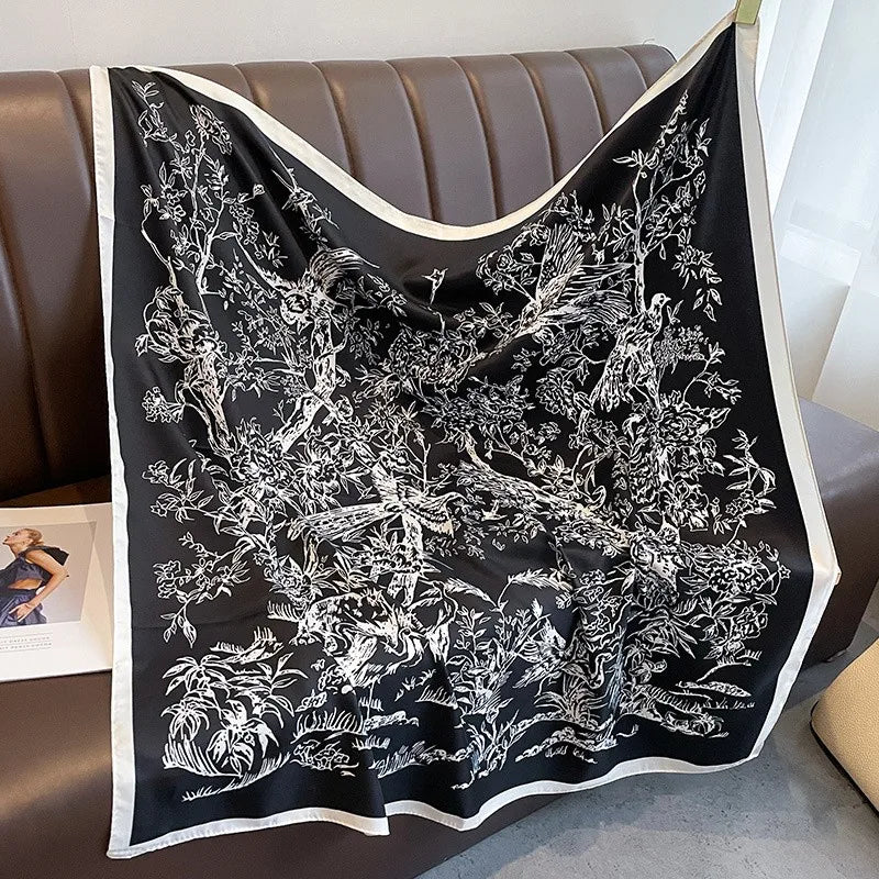 Luxury Square Silk Scarf - Elegant Tree Print Neck Shawl