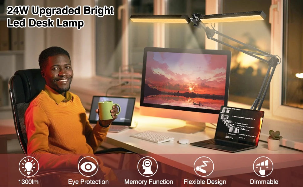Premium LED Desk Lamp with Clamp - Auto Dimming & Bright