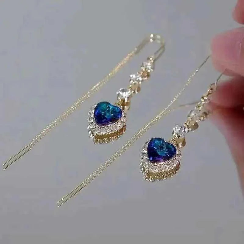 Elegant Blue Heart Zircon Tassel Dangle Earrings