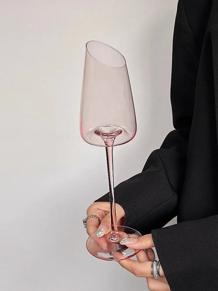 Elegant Pink Vintage Wine Glass - Slanted Mouth Design