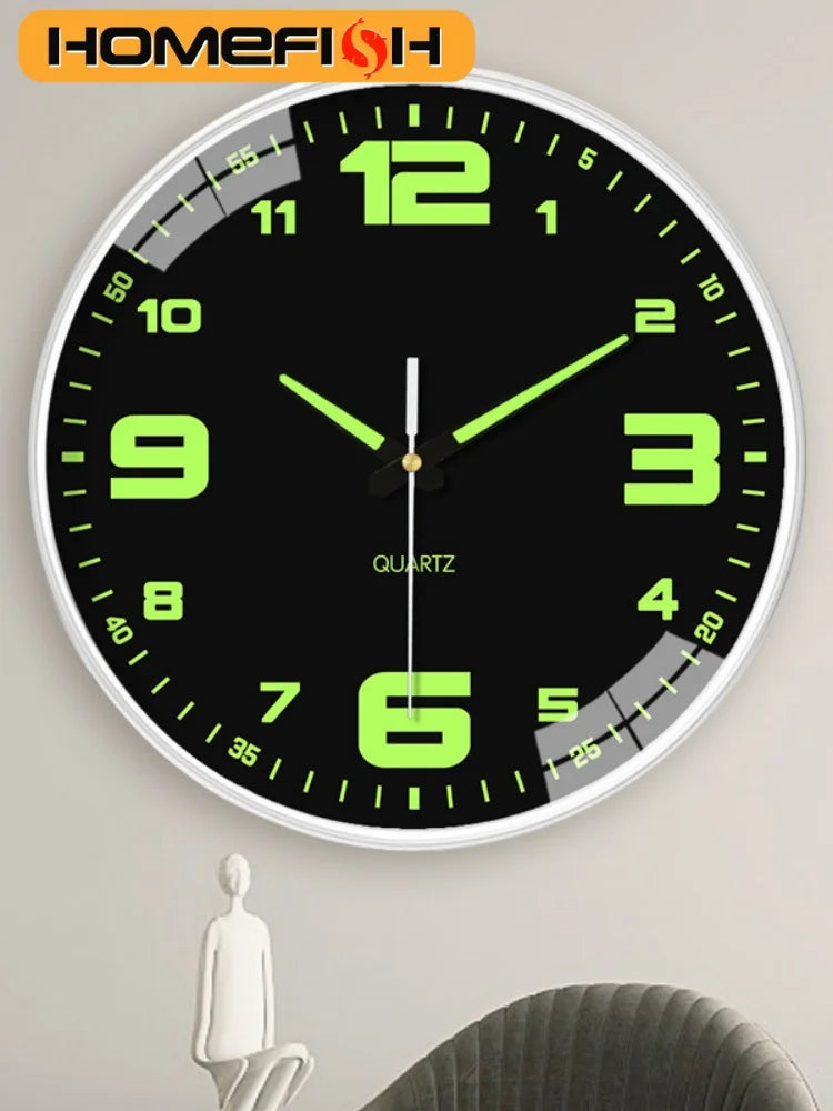 Luminous Silent Wall Clock - 8-inch round clock with glowing numbers and hands, sleek black design