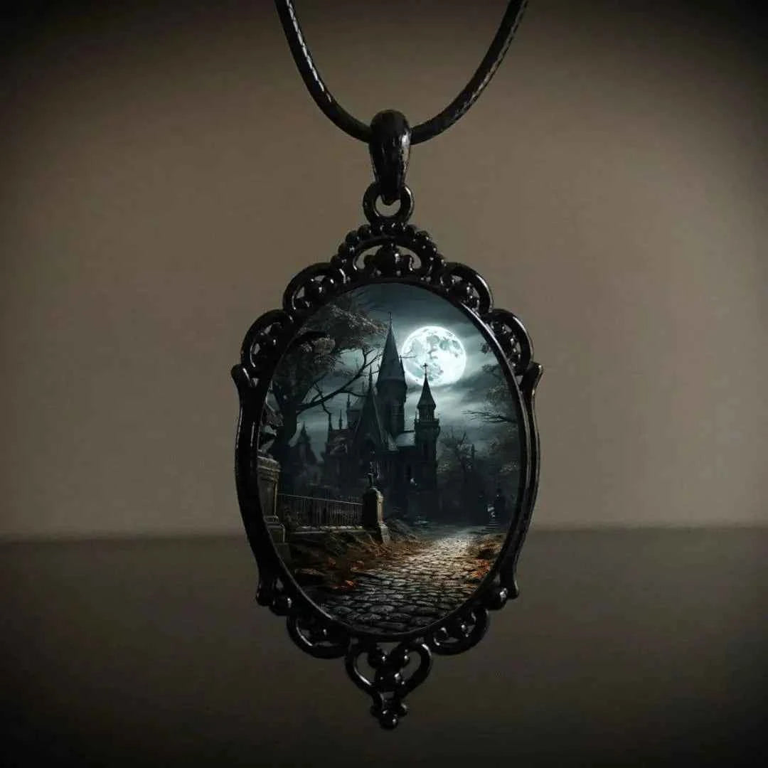 gothic cameo necklace - vintage castle and bat pendant on rope chain