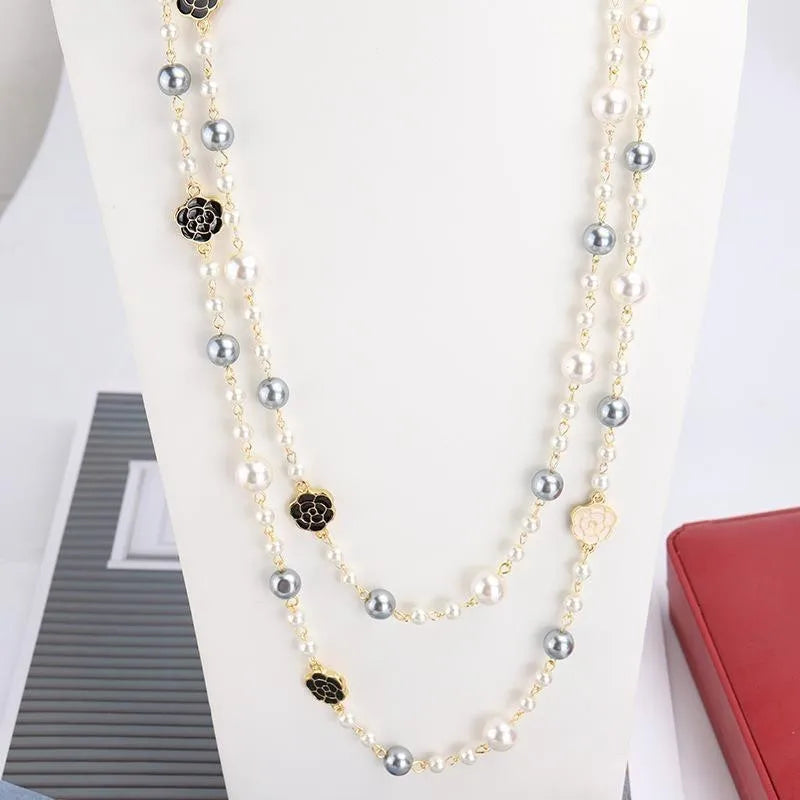 Elegant Long Pearl Necklace - Multilayer Camellia Flower Design
