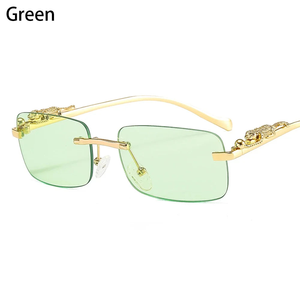 Luxury Rimless Square Sunglasses - Designer Metal Leopard Shade