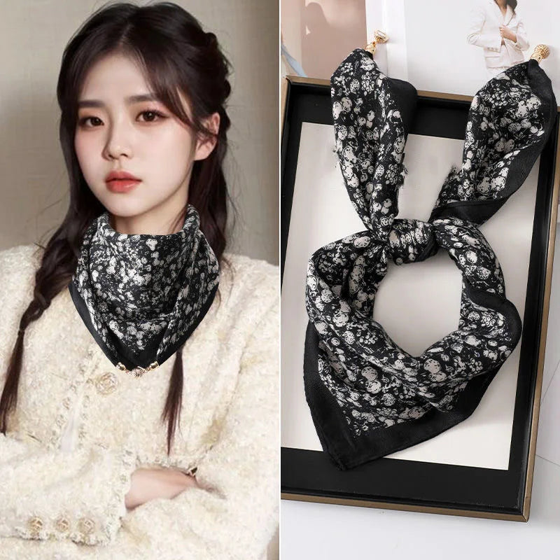 Luxury Silk Square Scarf - Magnetic Buckle & Print