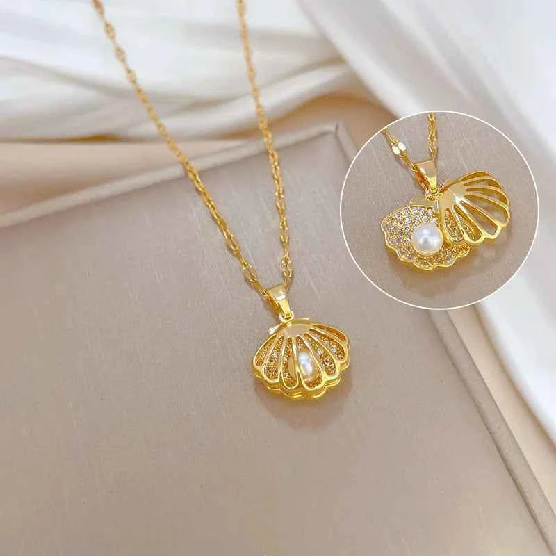 Elegant French Hollow Shell Pearl Necklace - Stainless Steel
