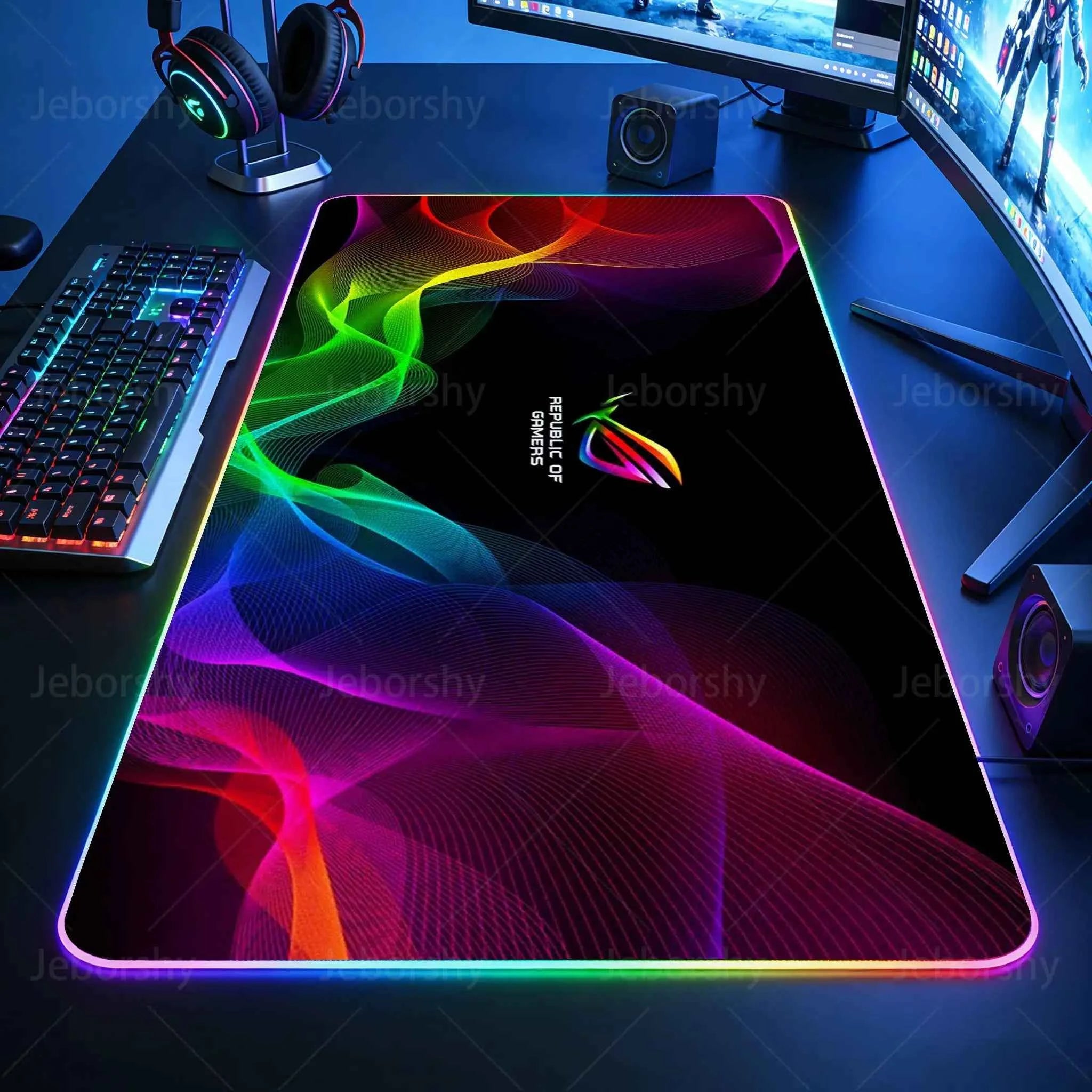 RGB gaming mouse pad - XXL anime desk mat with black surface and RGB lighting