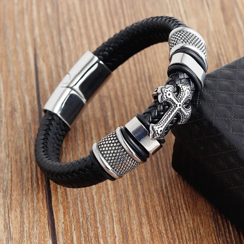 Luxury Men's Titanium Steel Bracelet - Vintage Leather Braided