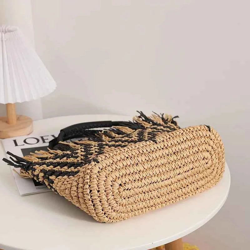 Elegant Straw Beach Tote - Tassel Accent