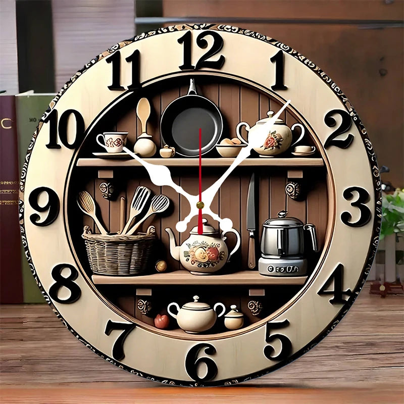 Wooden Kitchen Wall Clock - 10-inch round silent hanging clock with 2D kitchen utensil design