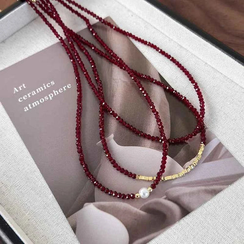 Elegant Red Pearl Glass Bead Necklace - Luxury Collarbone Chain