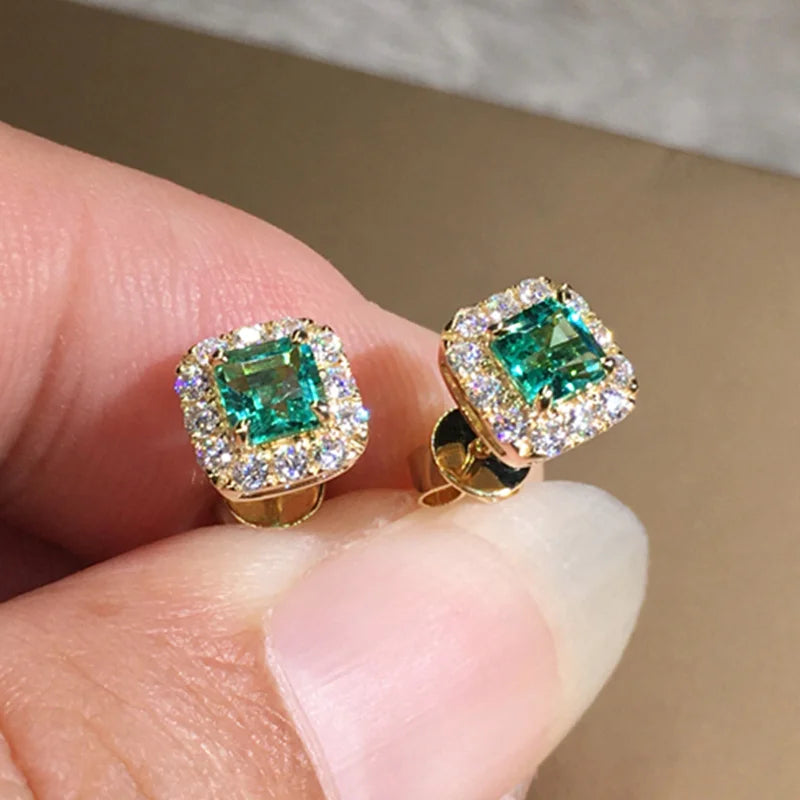Luxury Green CZ Stud Earrings - Gold Elegant Bride Wedding Jewelry