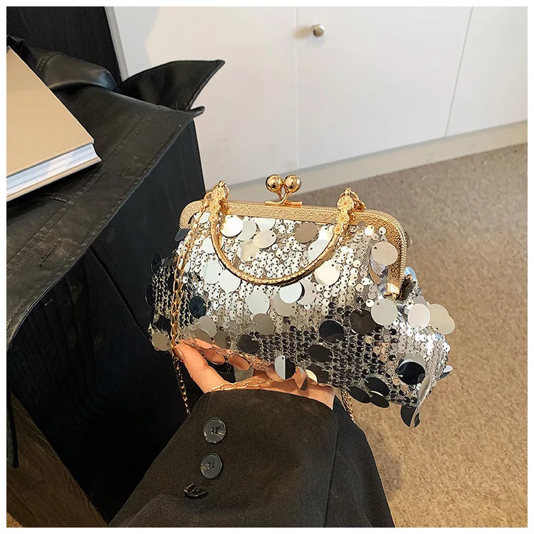 Elegant Sequins Evening Clutch Bag - Bling Chain Strap