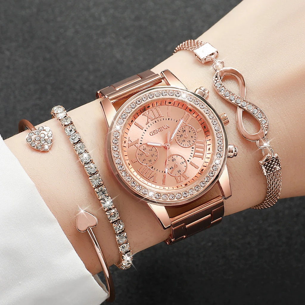 Elegant Ladies Quartz Watch Set - Luxury Rhinestone Steel Band