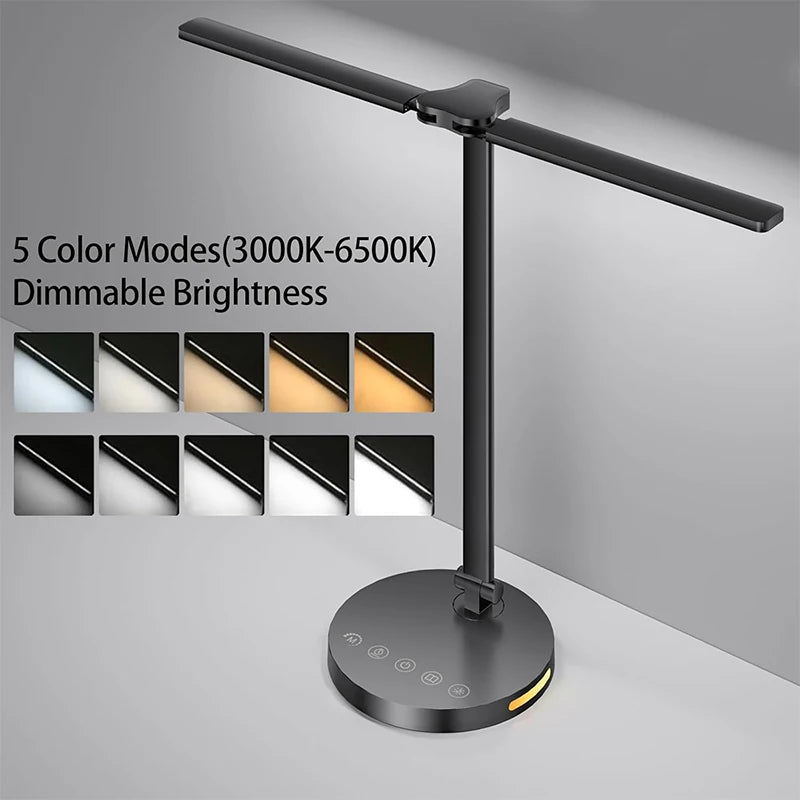 Double swing arm lamp - sleek black LED desk light with USB charging port
