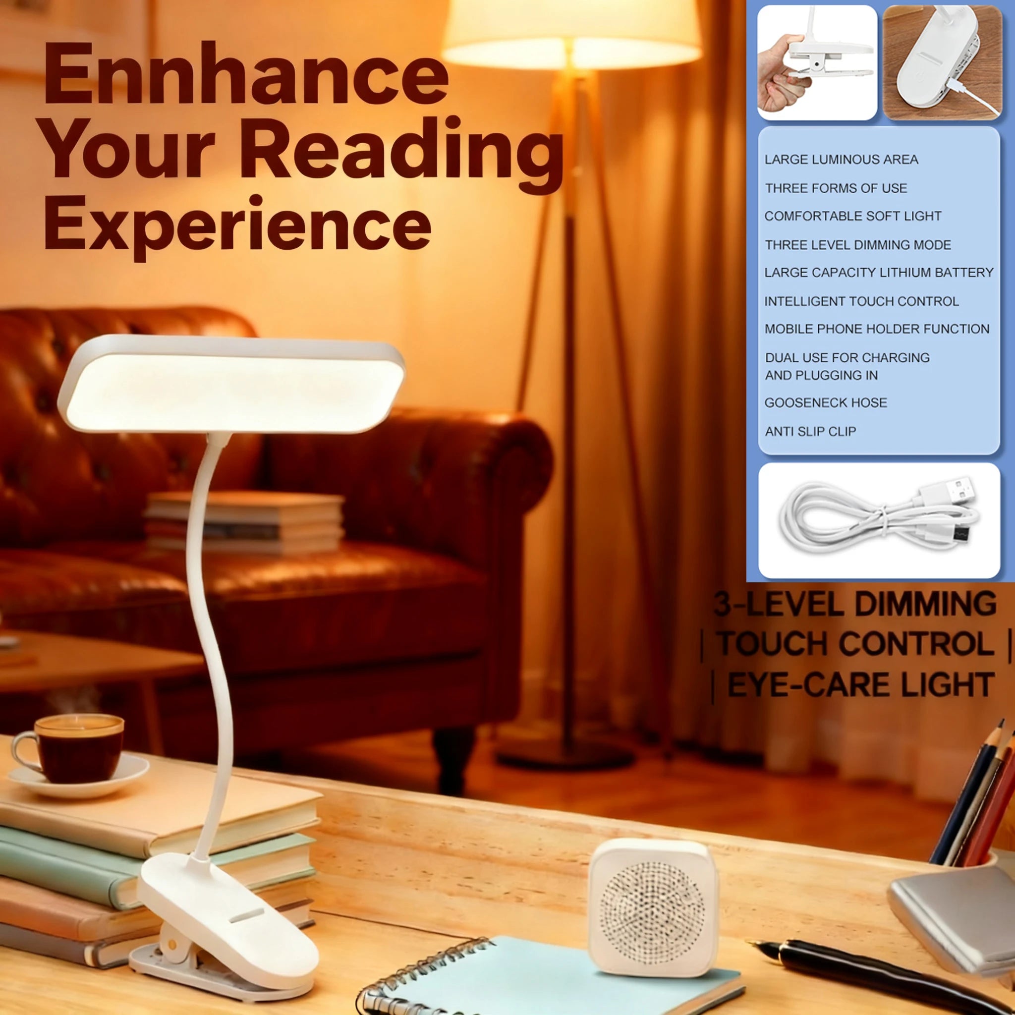 Premium LED Clip-On Desk Lamp - 3 Color & Touch Control