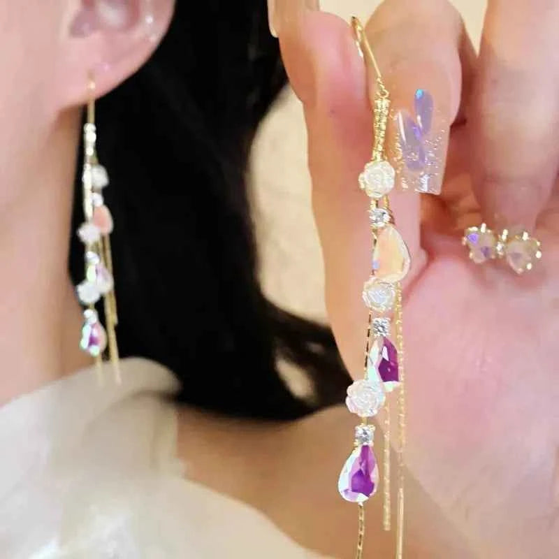 Elegant Blue Heart Zircon Tassel Dangle Earrings