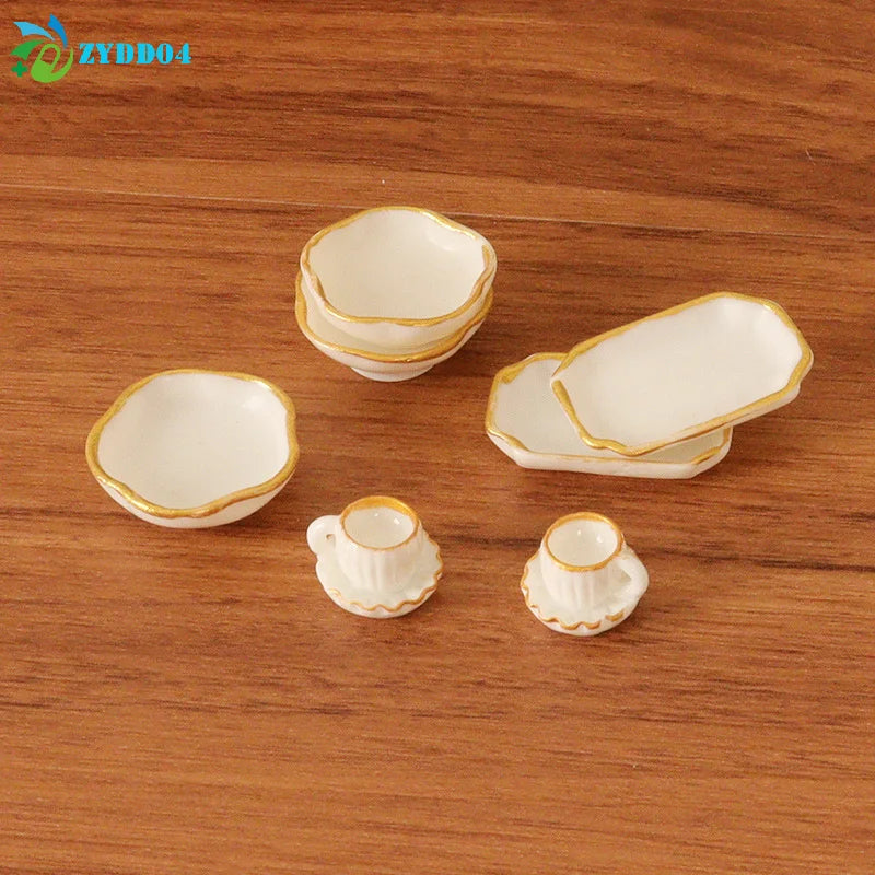 Dollhouse dinnerware set - 1:12 scale miniature plates, coffee cups, tray, and bowls made from resin
