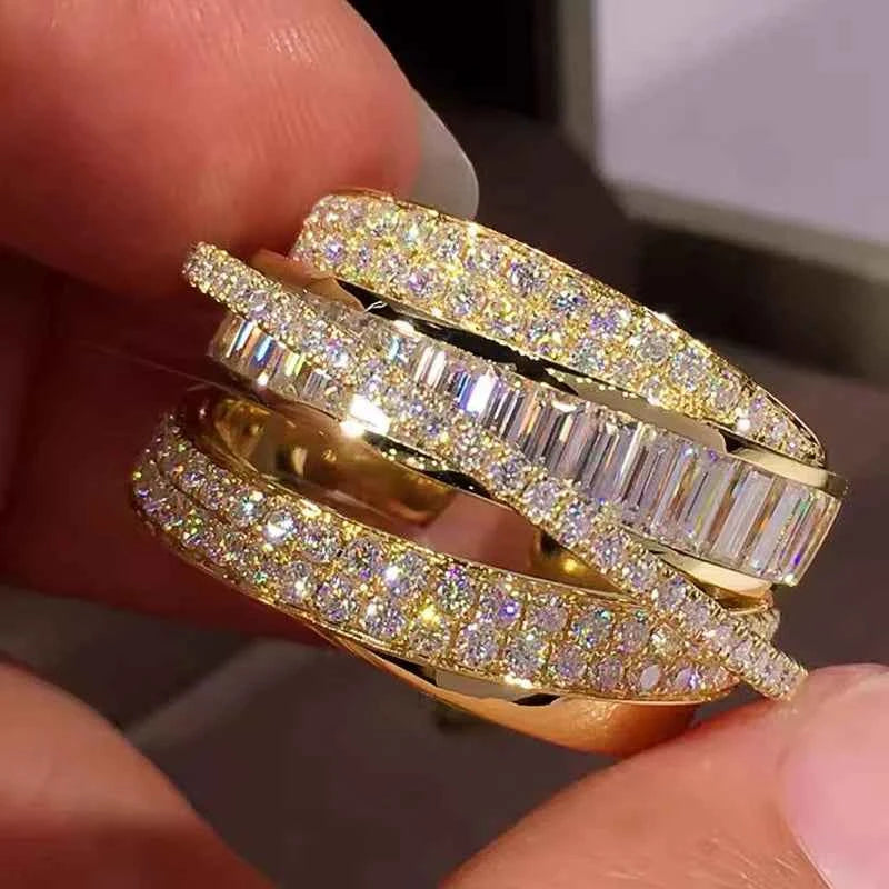Luxury Gold Wide Opening Ring - Adjustable Bright Zirconia Finger Accessory