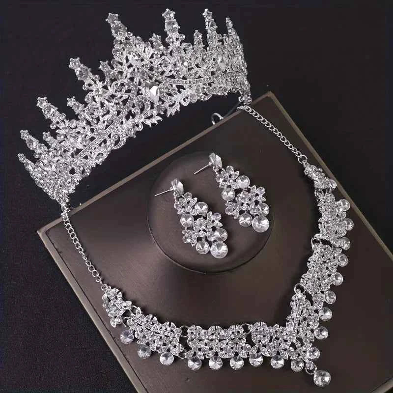 Elegant Crystal Crown Necklace & Earring Bridal Set