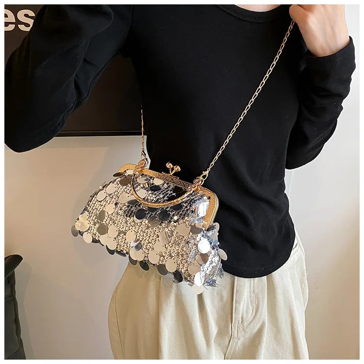 Elegant Sequins Evening Clutch Bag - Bling Chain Strap