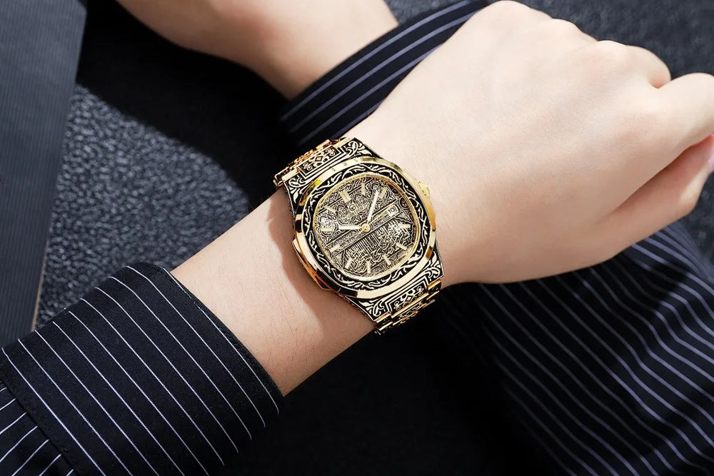 Elegant Men's Quartz Wristwatch - Embossed Stainless Steel
