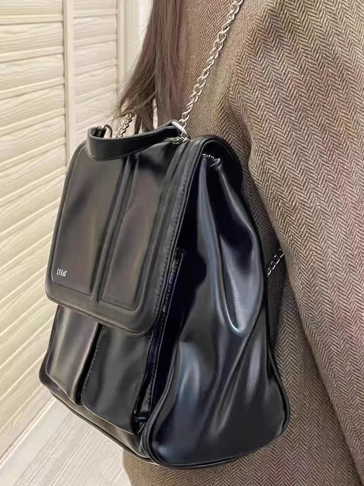 Elegant Black Leather Crossbody Bag - Large Capacity Vintage Style