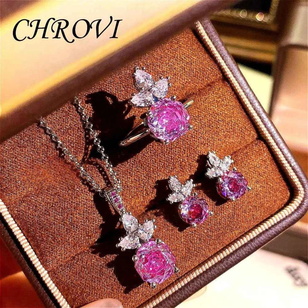 Luxury Silver Rose Jewelry Set - Pendant Necklace & Ring