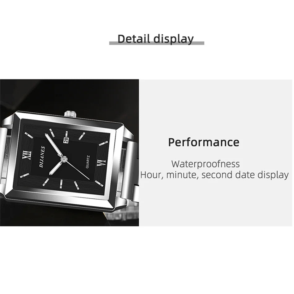 Elegant Men's Rectangle Watch - Stainless Steel Quartz