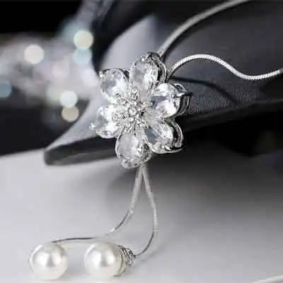 Luxury Crystal Flower Long Sweater Necklace - Elegant Pendant