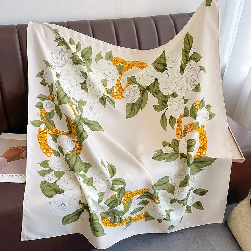 Luxury Square Silk Scarf - Elegant Tree Print Neck Shawl