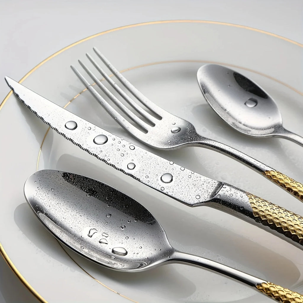 Premium Hammered Flatware Set - Golden Silvery Stainless Steel