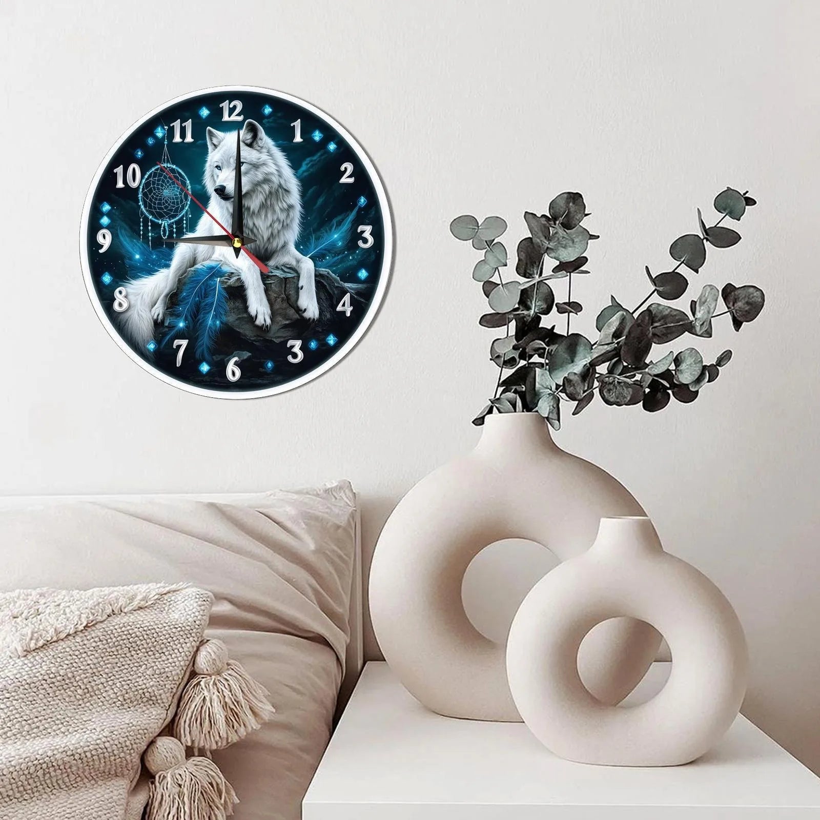 Elegant White Wolf Dreamcatcher Clock - Modern Wooden Wall Decor