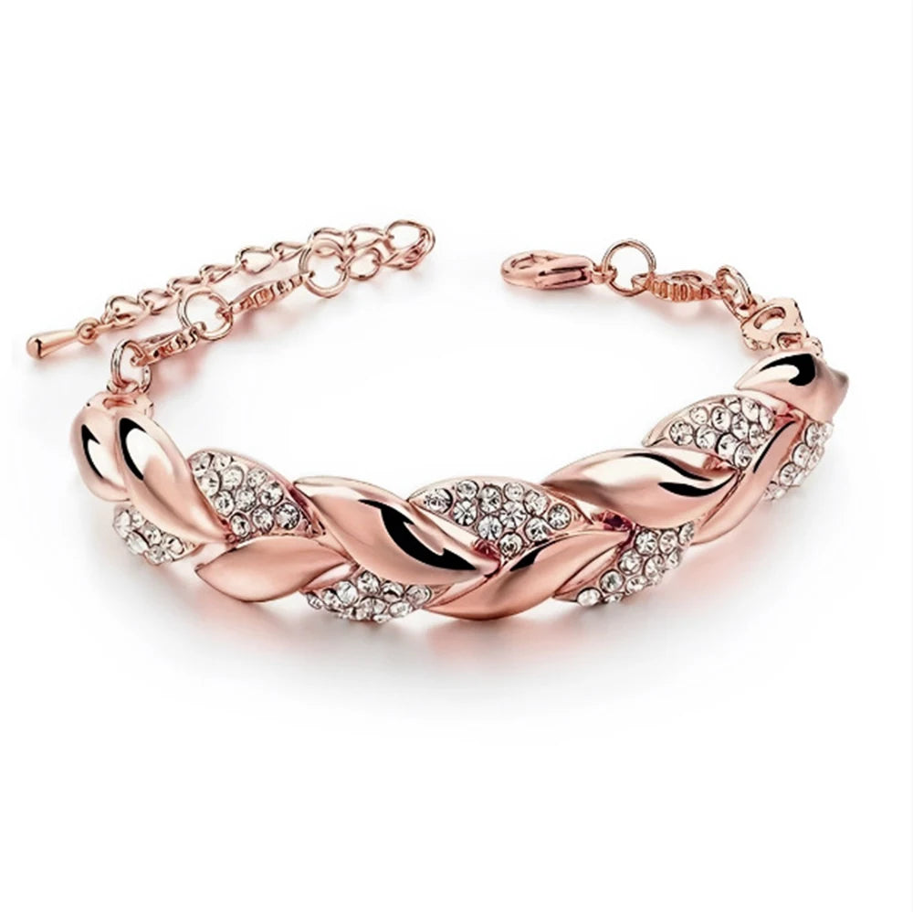Elegant Crystal Wedding Bracelet - Braided Leaf Charm Design