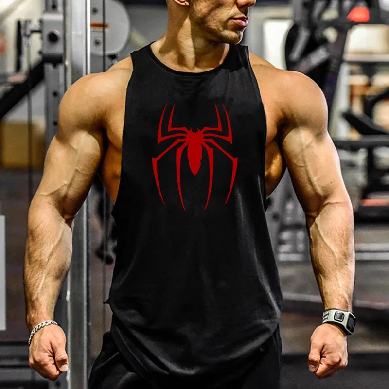 mens running tank top - red spider print breathable cotton gym sleeveless shirt