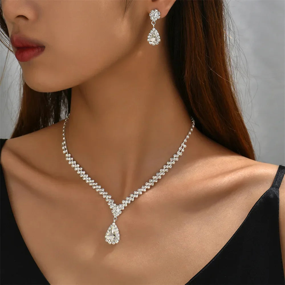 Elegant Crystal Necklace Set - Water Drop Pendant Party Jewelry