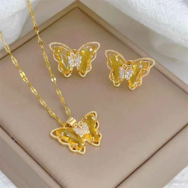 Elegant Butterfly Necklace Earrings Set - Light Luxury Jewelry
