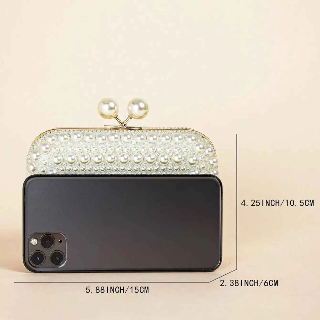 Elegant Pearl Bead Clutch - Glossy Kiss Lock Evening Bag