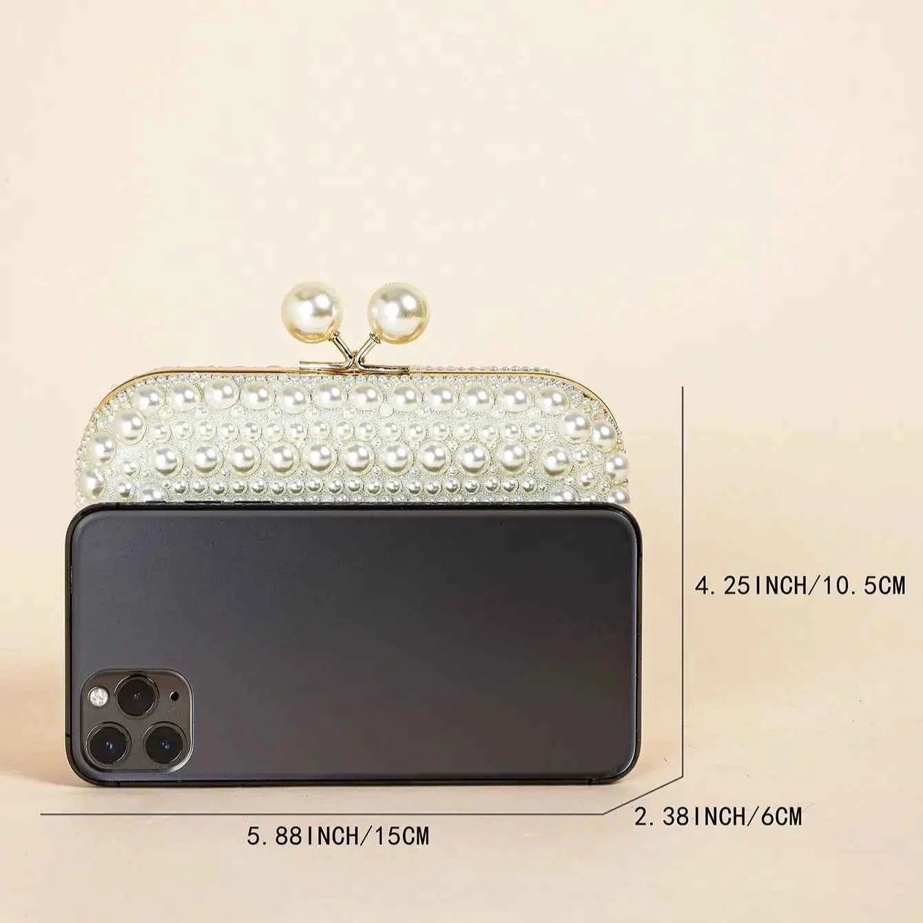 Elegant Pearl Bead Clutch - Glossy Kiss Lock Evening Bag
