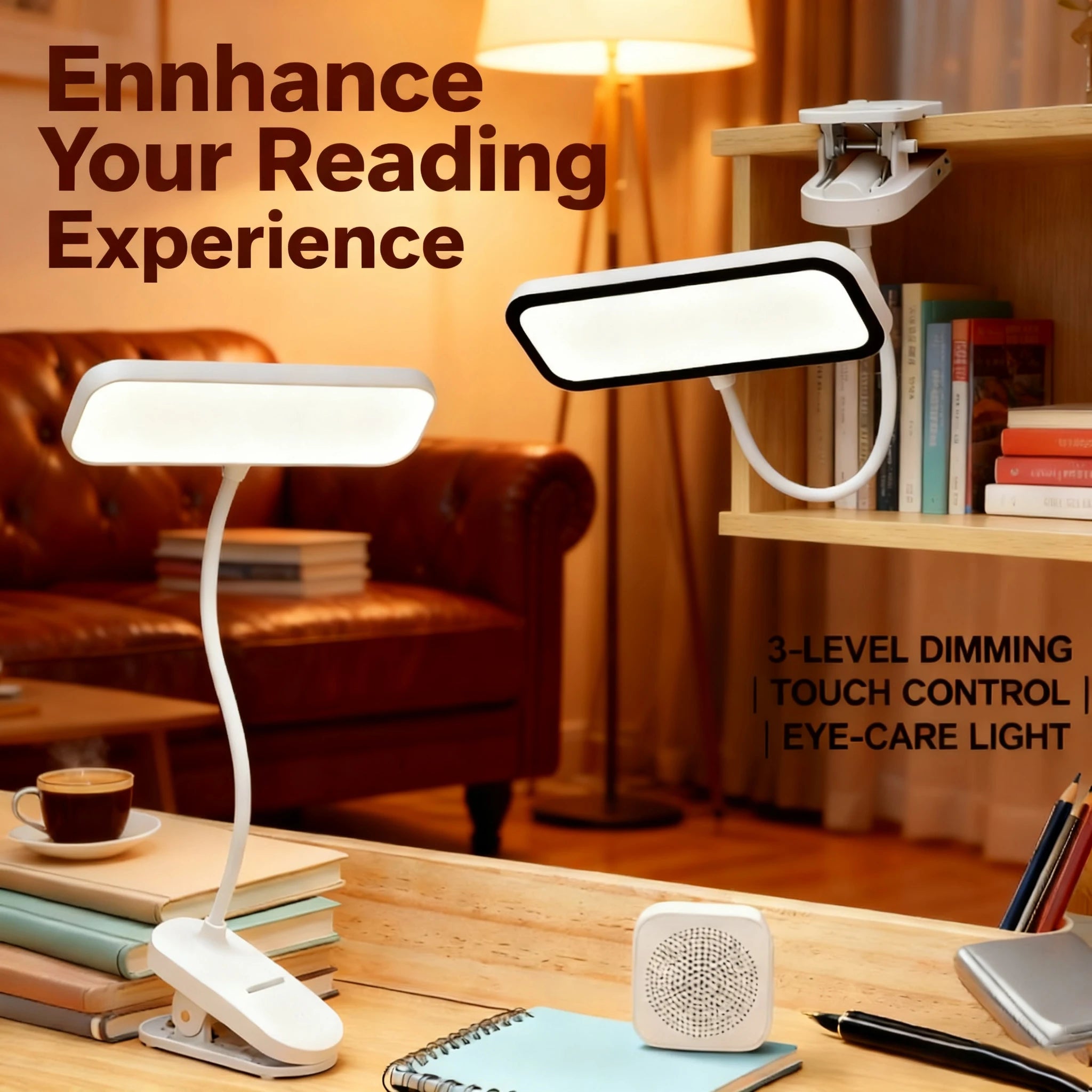 LED clip-on desk lamp - white, flexible gooseneck with touch controls