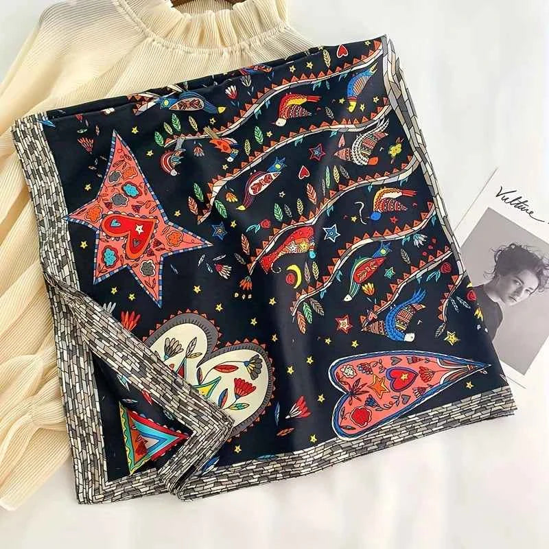 Luxury Square Silk Scarf - Elegant Tree Print Neck Shawl