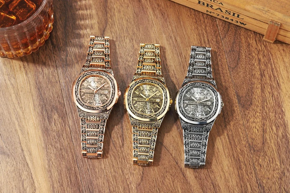 Elegant Men's Quartz Wristwatch - Embossed Stainless Steel