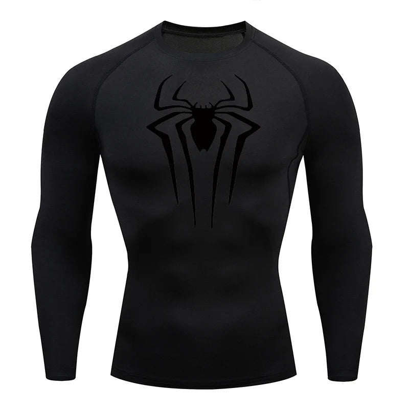 long sleeve compression shirt - spider print athletic quick dry gym top for men