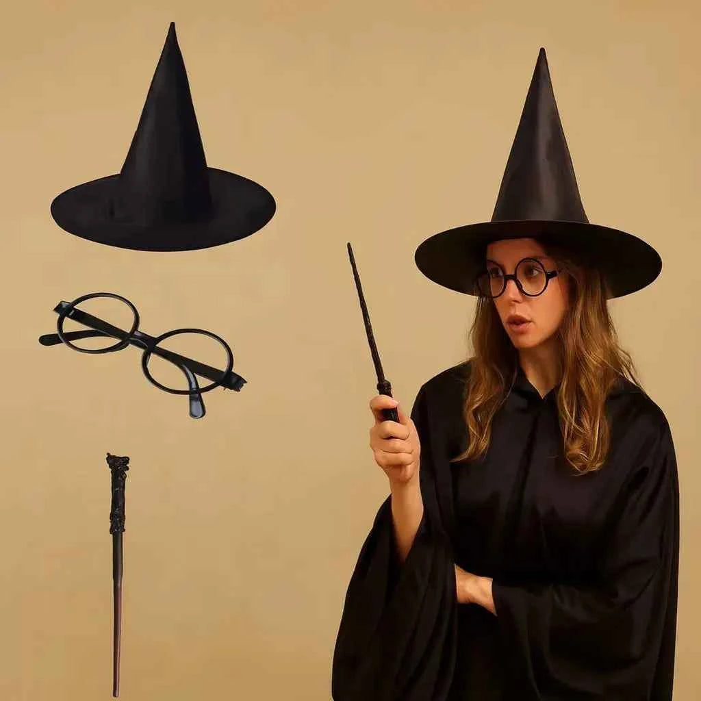 Wizard Costume Accessory Set - Black Witch Hat & Wand