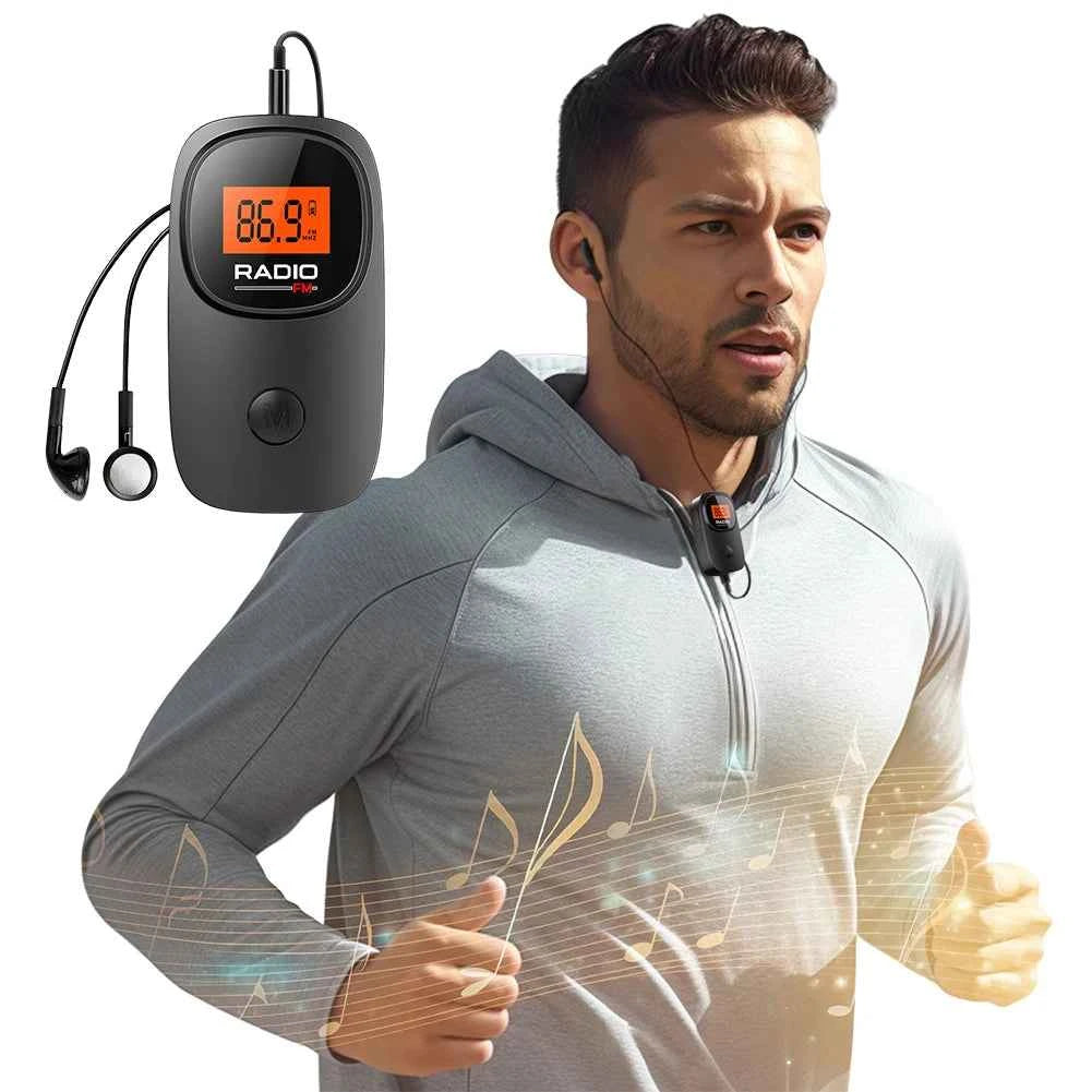 Portable digital radio - compact black pocket radio with earphone and clip for walking and jogging