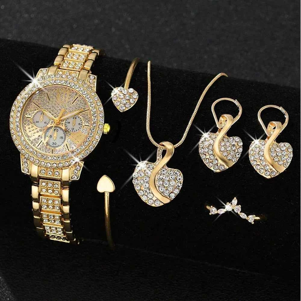 Elegant Women's Quartz Watch & Luxury Jewelry Set