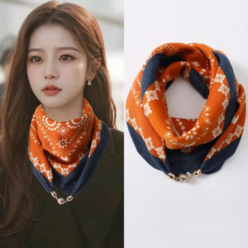 Luxury Silk Square Scarf - Magnetic Buckle & Print